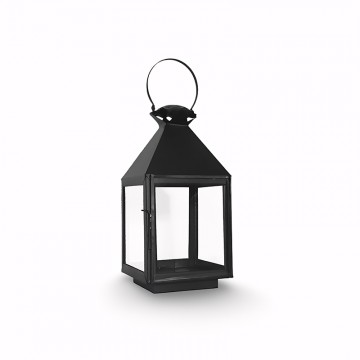 Farol decorativo artesanal 75740 de metal negro con cristal transparente y asa superior para velas
