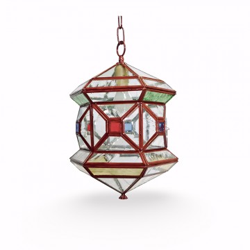 Farol granadino artesanal 71161 de metal rojo inglés y cristal catedral gótica con diseño árabe tradicional