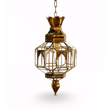 Farol colgante granadino artesanal 75631 de metal envejecido y cristal transparente con diseño árabe tradicional