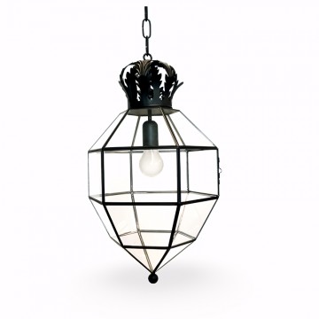 Farol colgante granadino artesanal 75682 con remate superior en forma de corona, metal y cristal
