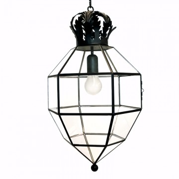 Farol colgante granadino artesanal 75682 con remate superior en forma de corona, metal y cristal transparente