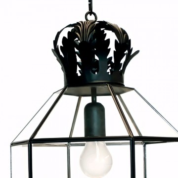 Farol colgante granadino artesanal 75682 con remate superior en forma de corona, metal y cristal parte superior