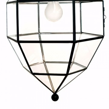 Farol colgante granadino artesanal 75682 con remate superior en forma de corona, metal y cristal parte inferior