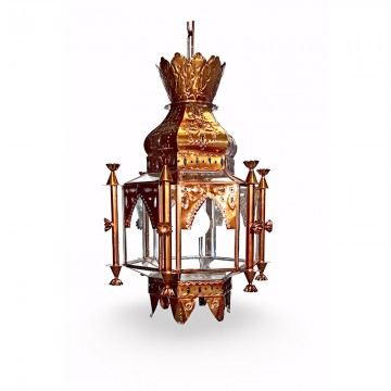 Farol moruno granadino artesanal 75030 con chapa repujada y corona superior en metal y cristal