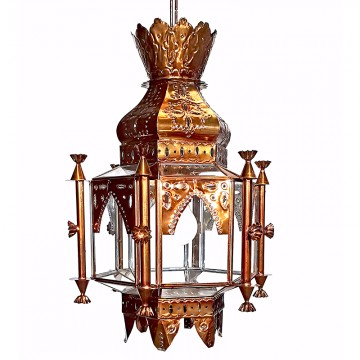 Farol moruno granadino artesanal 75030 con chapa repujada y corona superior en metal y cristal transparente
