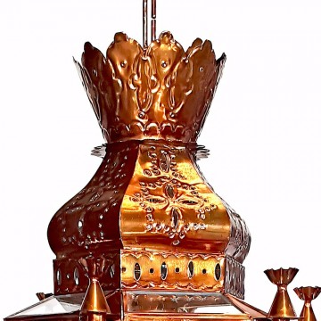 Farol moruno granadino artesanal 75030 con chapa repujada y corona superior en metal y cristal parte superior