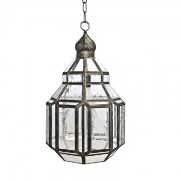 Farol granadino artesanal 75483 de metal envejecido y cristal con diseño árabe