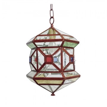 Farol granadino artesanal 71161 de metal rojo inglés y cristal catedral gótica