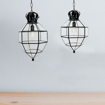Farol colgante granadino artesanal 75682 con remate superior en forma de corona, metal y cristal en sus dos medidas
